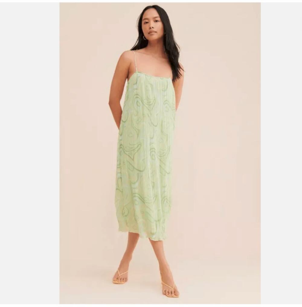 Ronny Kobo Roberta Pleated Midi Slip Dress Green Size M